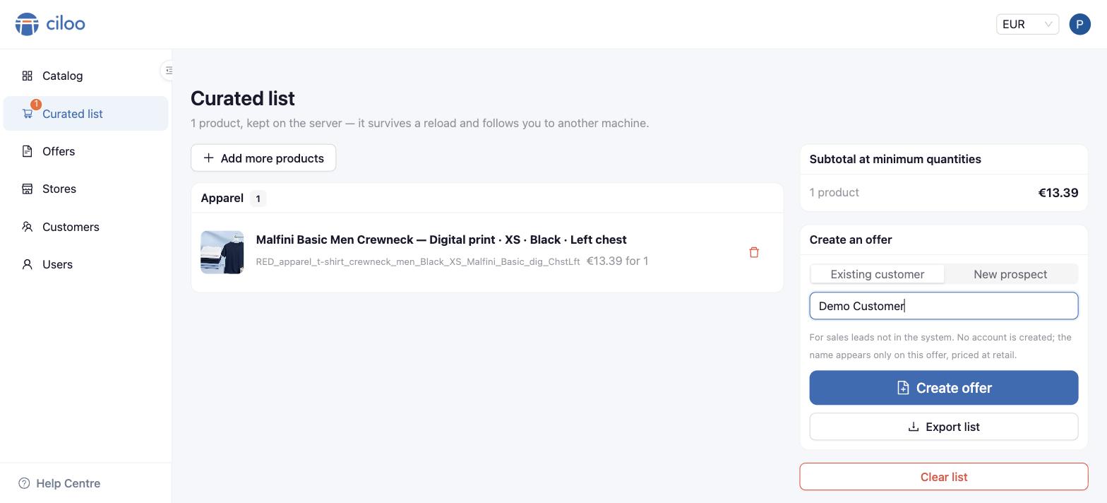 The curated list with the Create an offer card