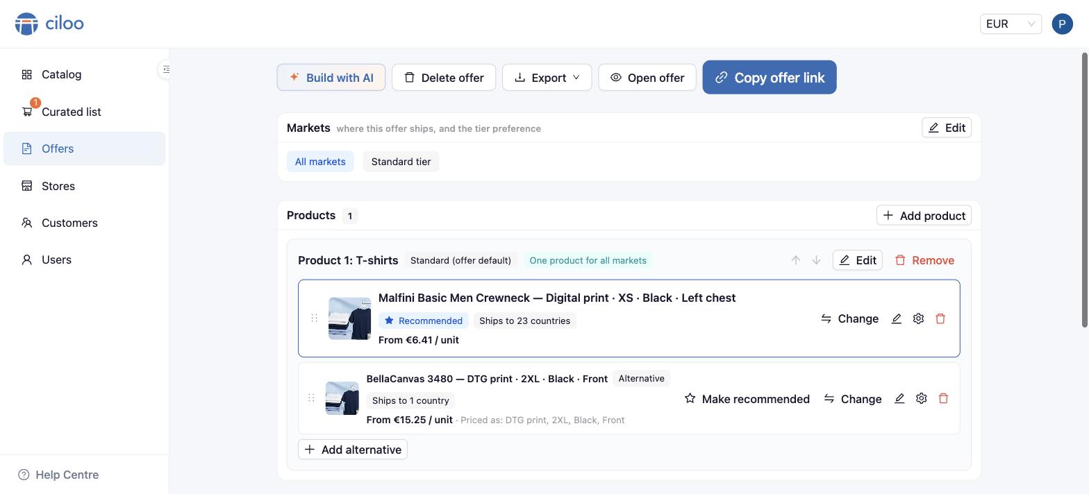 The offer editor with a recommended product and an alternative