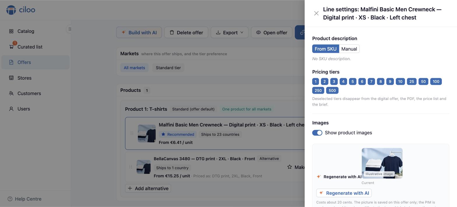 Line settings for a product in an offer